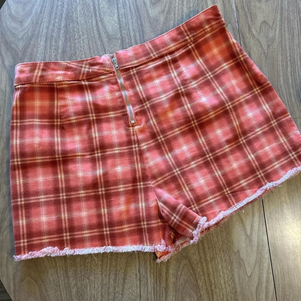 Vintage Y2K Plaid Mini Skirt Skort with Shorts Coral Orange Yellow Tartan Sz 15 - Picture 3 of 5